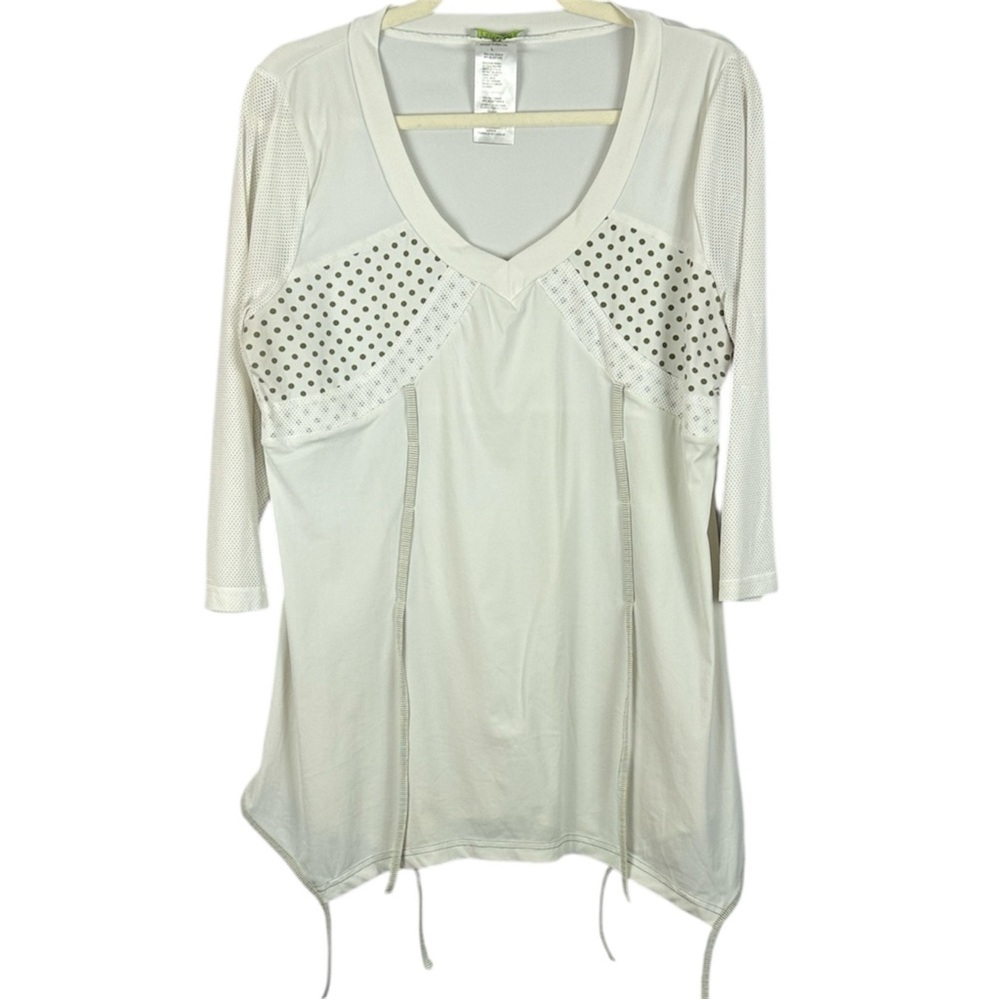 Dolcezza White Green Polka Dot Detailed 3/4 Sleeve V-Neck Longline Tunic Top